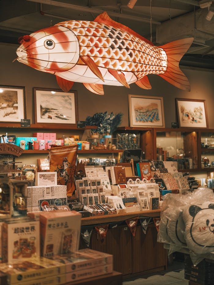 Interior of a unique bookstore featuring a large hanging fish decoration and various art pieces.