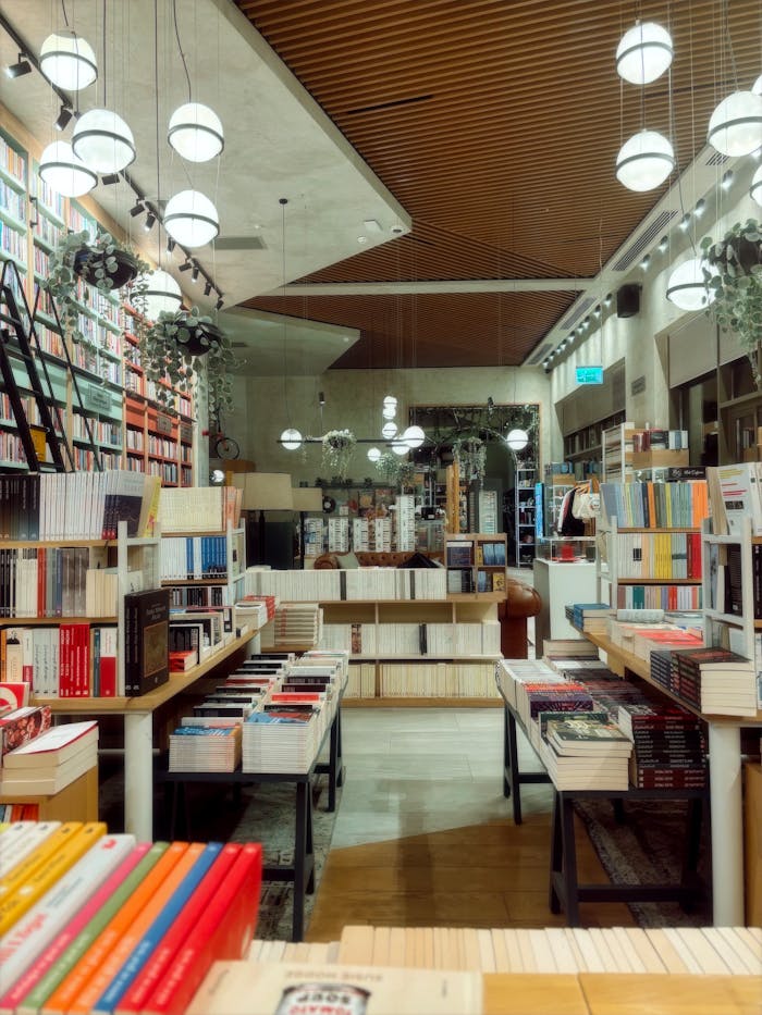 Explore a spacious library in Antalya featuring wooden shelving and a cozy reading ambiance.